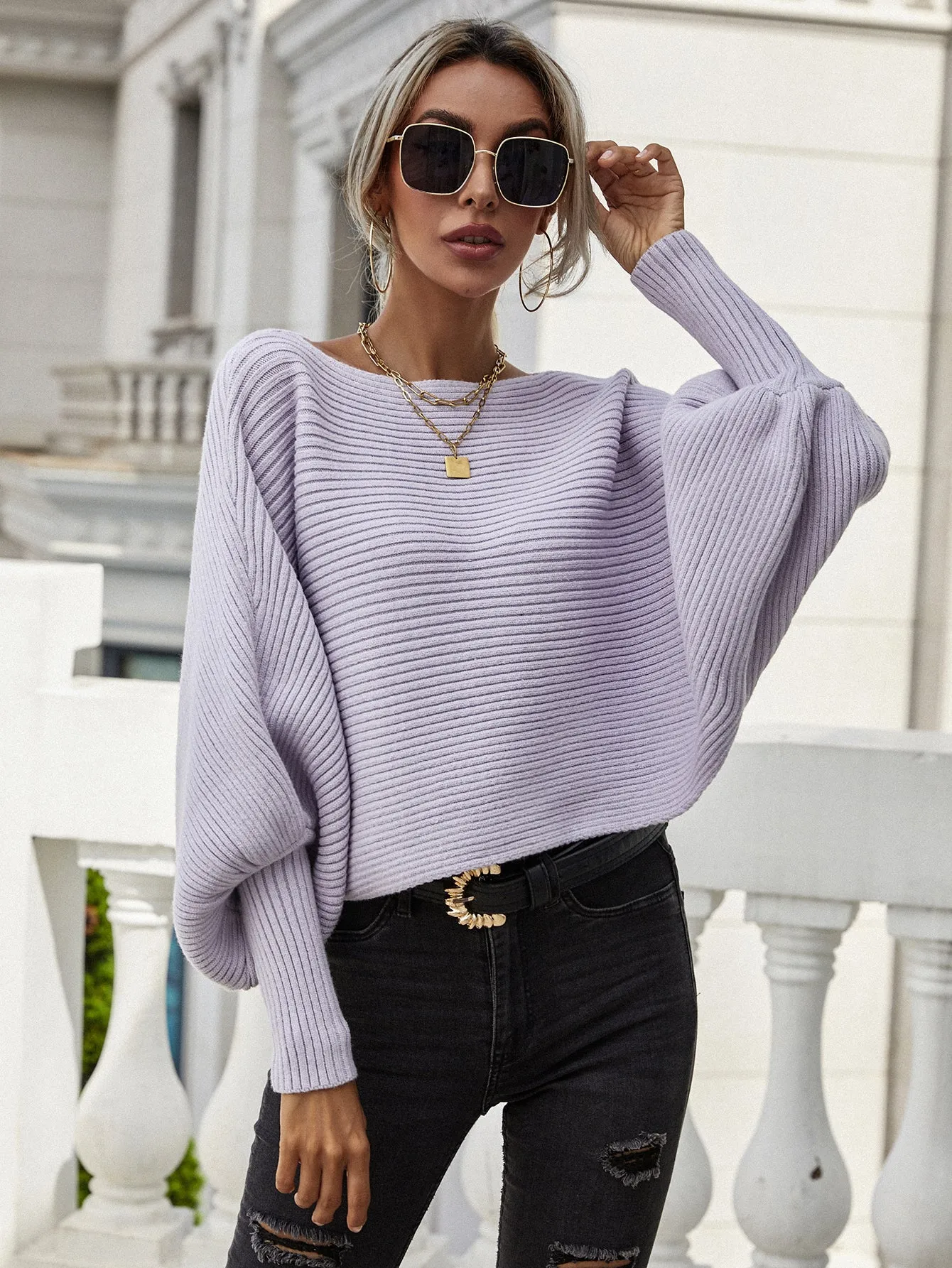 Across The Board Dolman Sleeve Ribbed Sweater in Black, White, Lavender, Rose, Olive, or Khaki