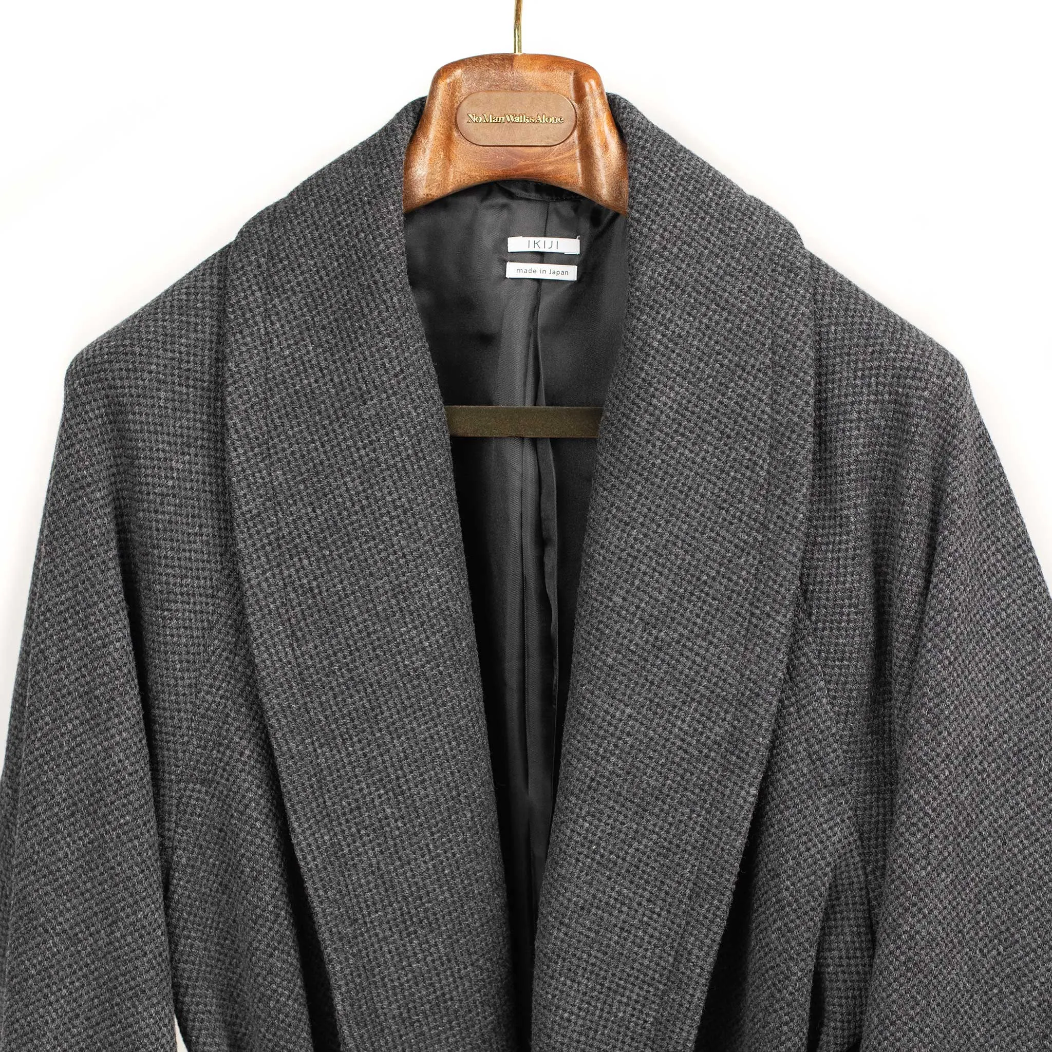 Belted robe coat in charcoal French wool hopsack