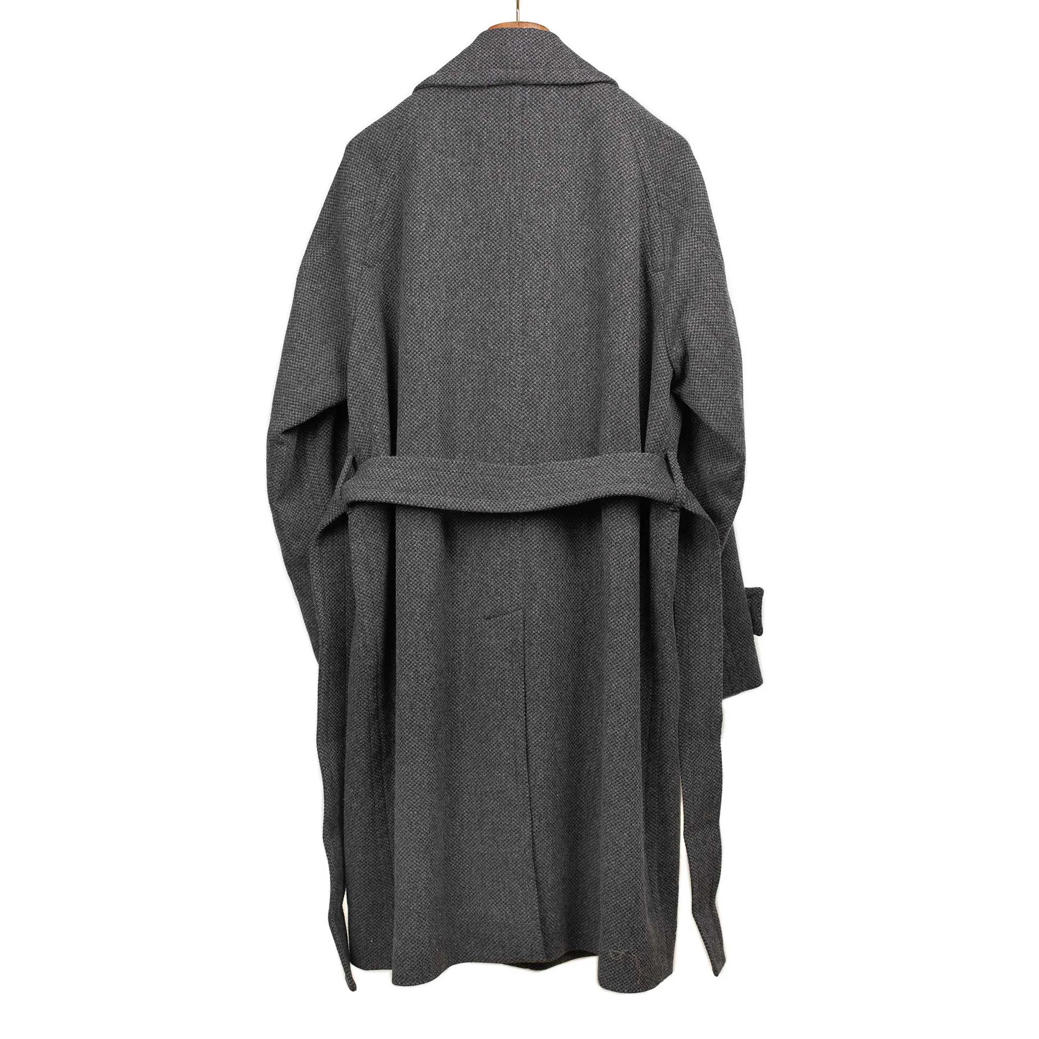 Belted robe coat in charcoal French wool hopsack