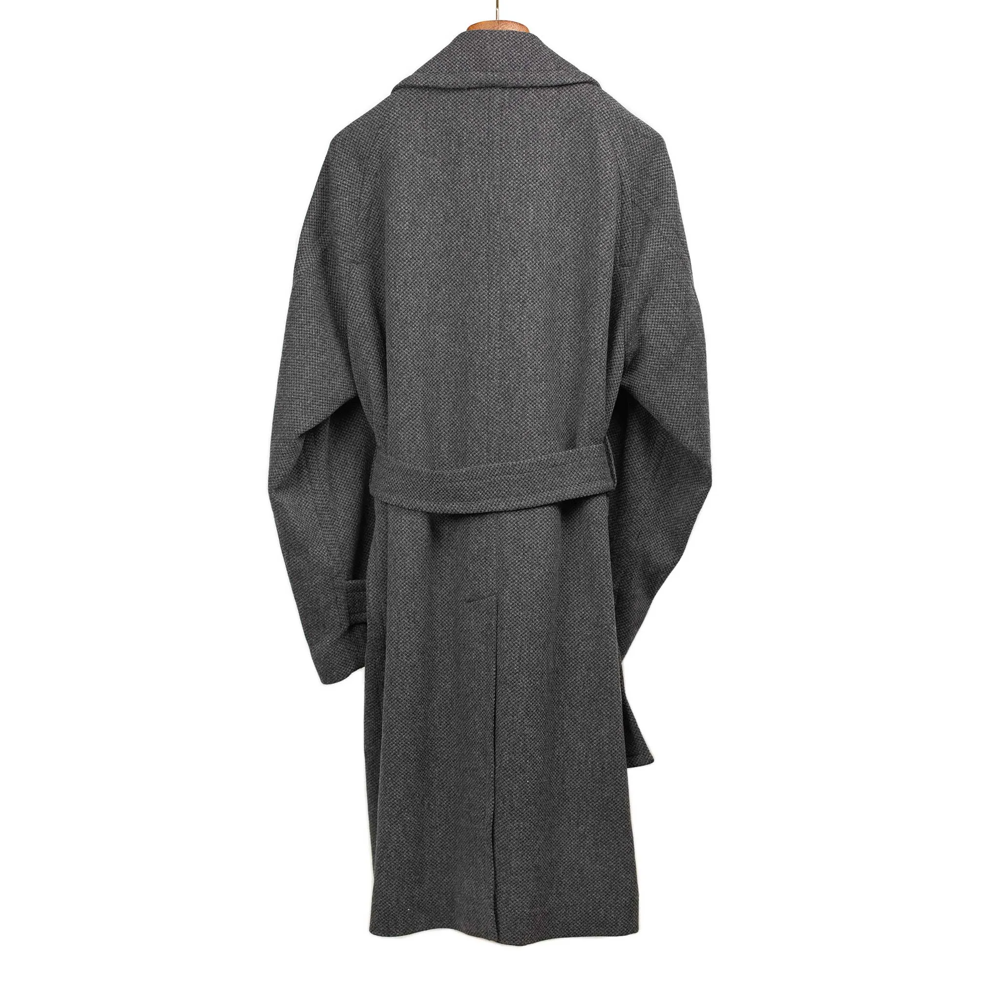 Belted robe coat in charcoal French wool hopsack