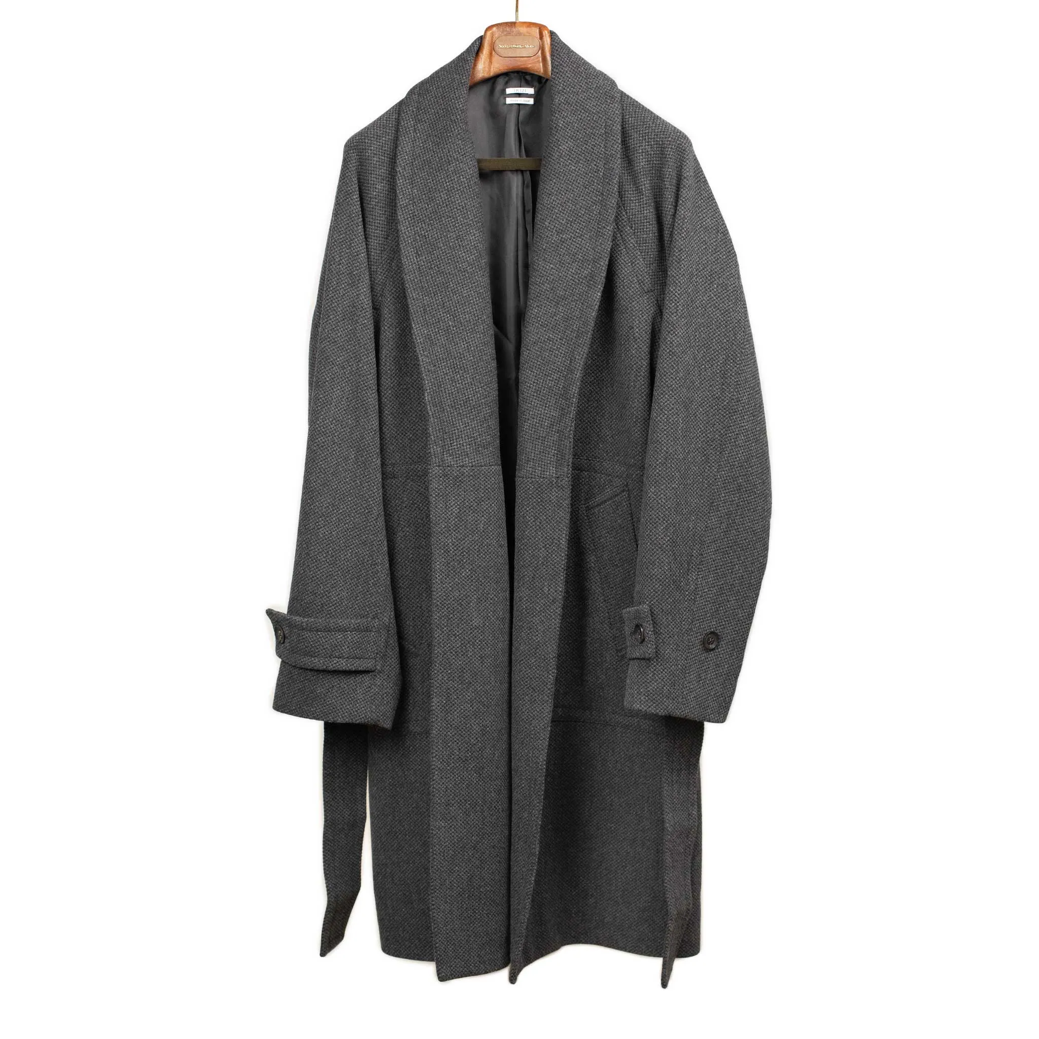 Belted robe coat in charcoal French wool hopsack