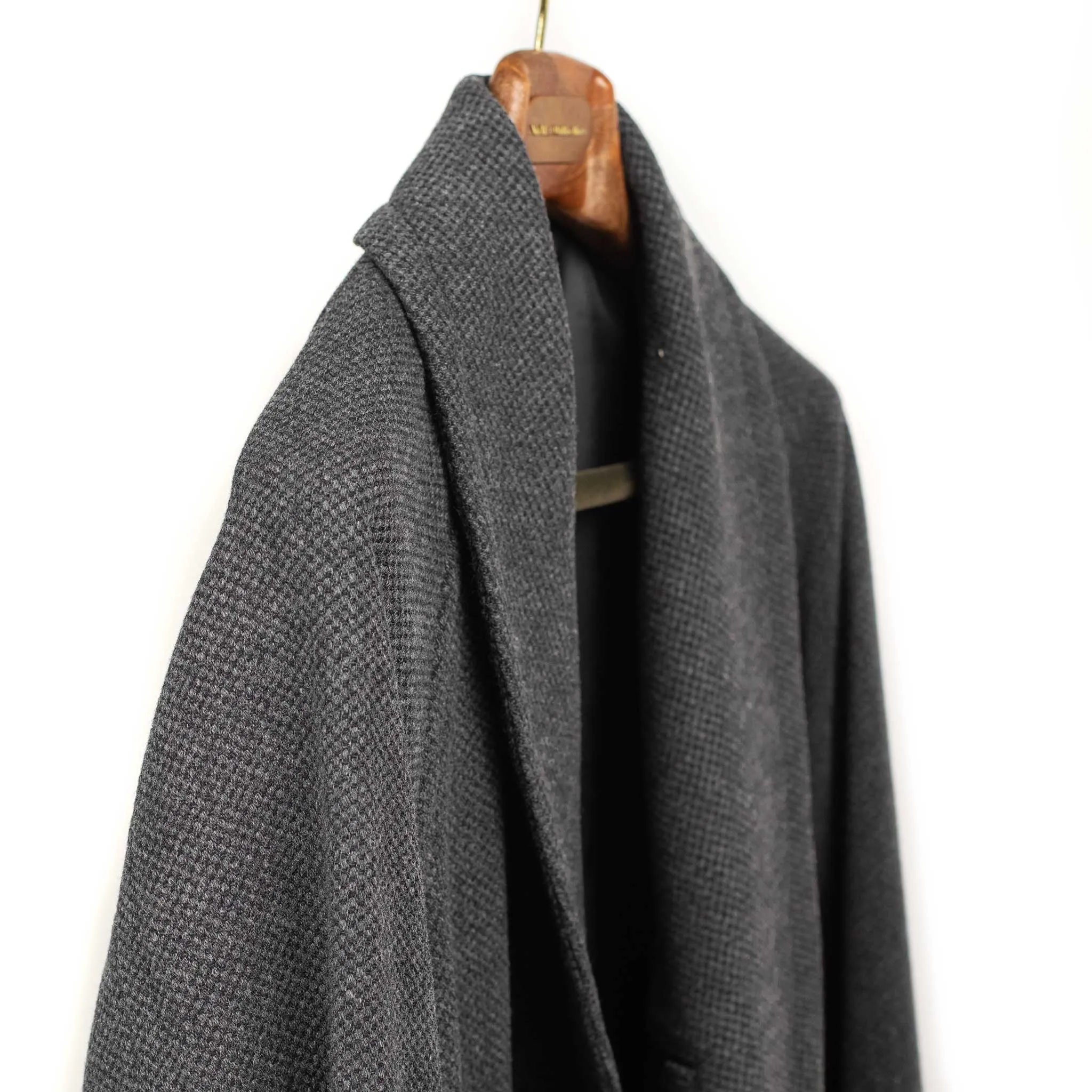 Belted robe coat in charcoal French wool hopsack