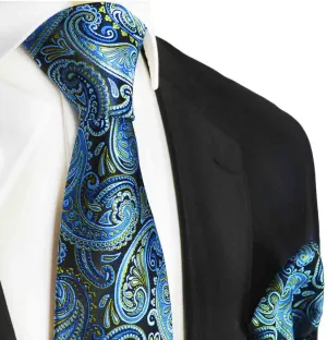 Blue and Lime Paisley Silk Tie by Paul Malone