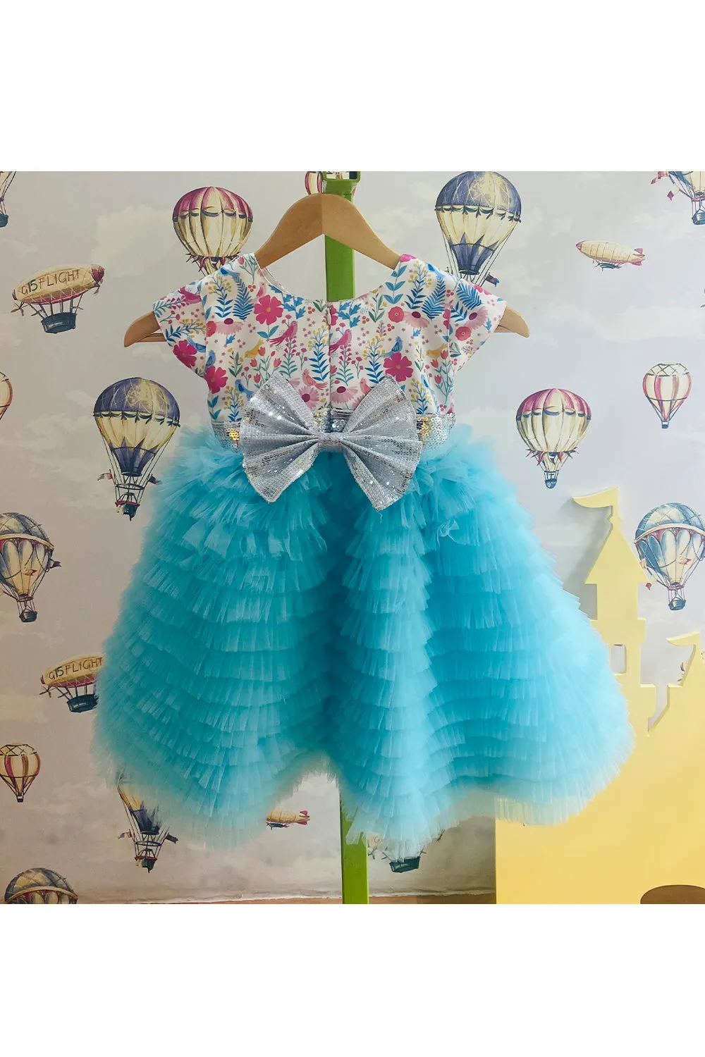 Blue Floral Printed Ruffle Dress