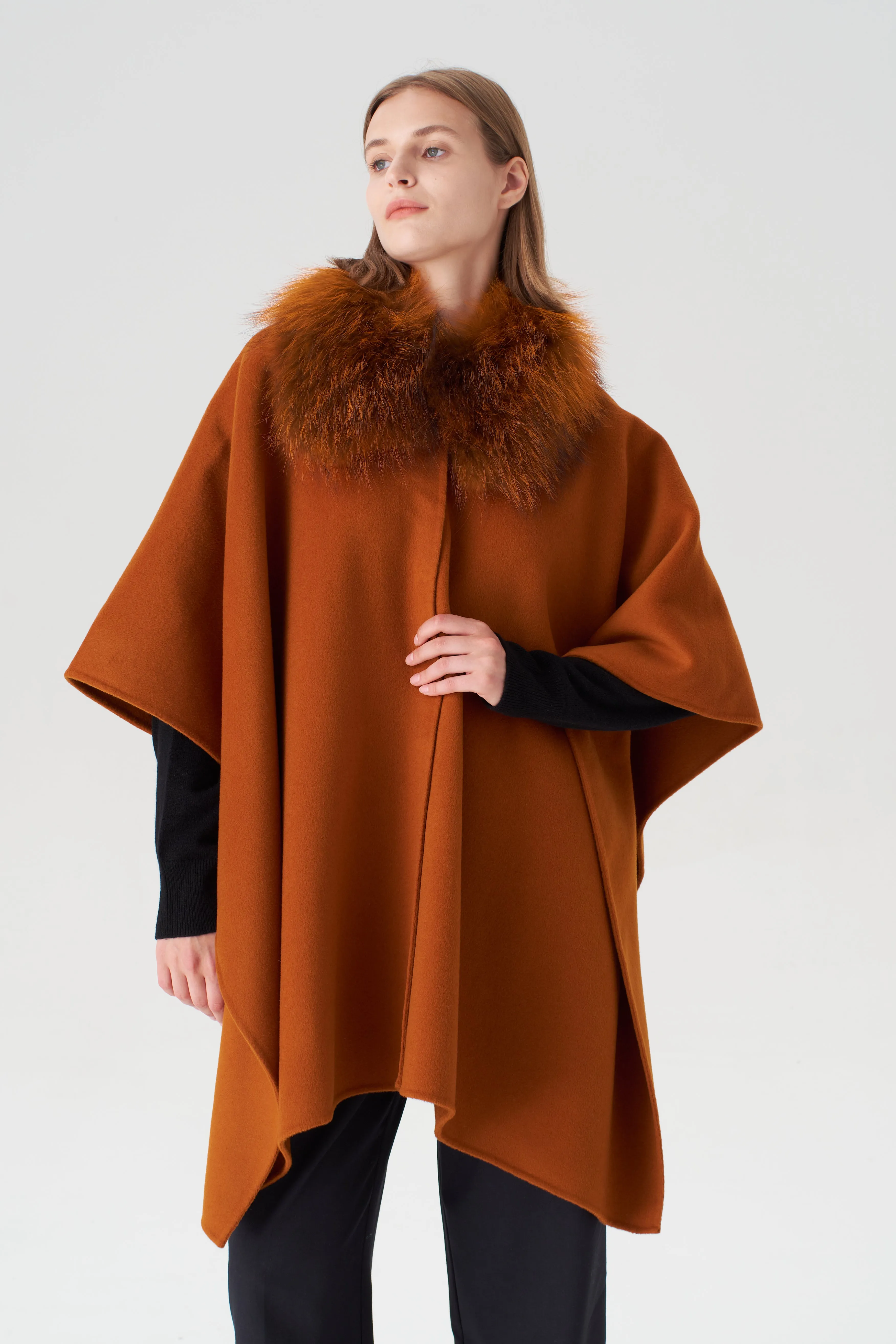 Cashmere Cape with Detachable Fur Collar