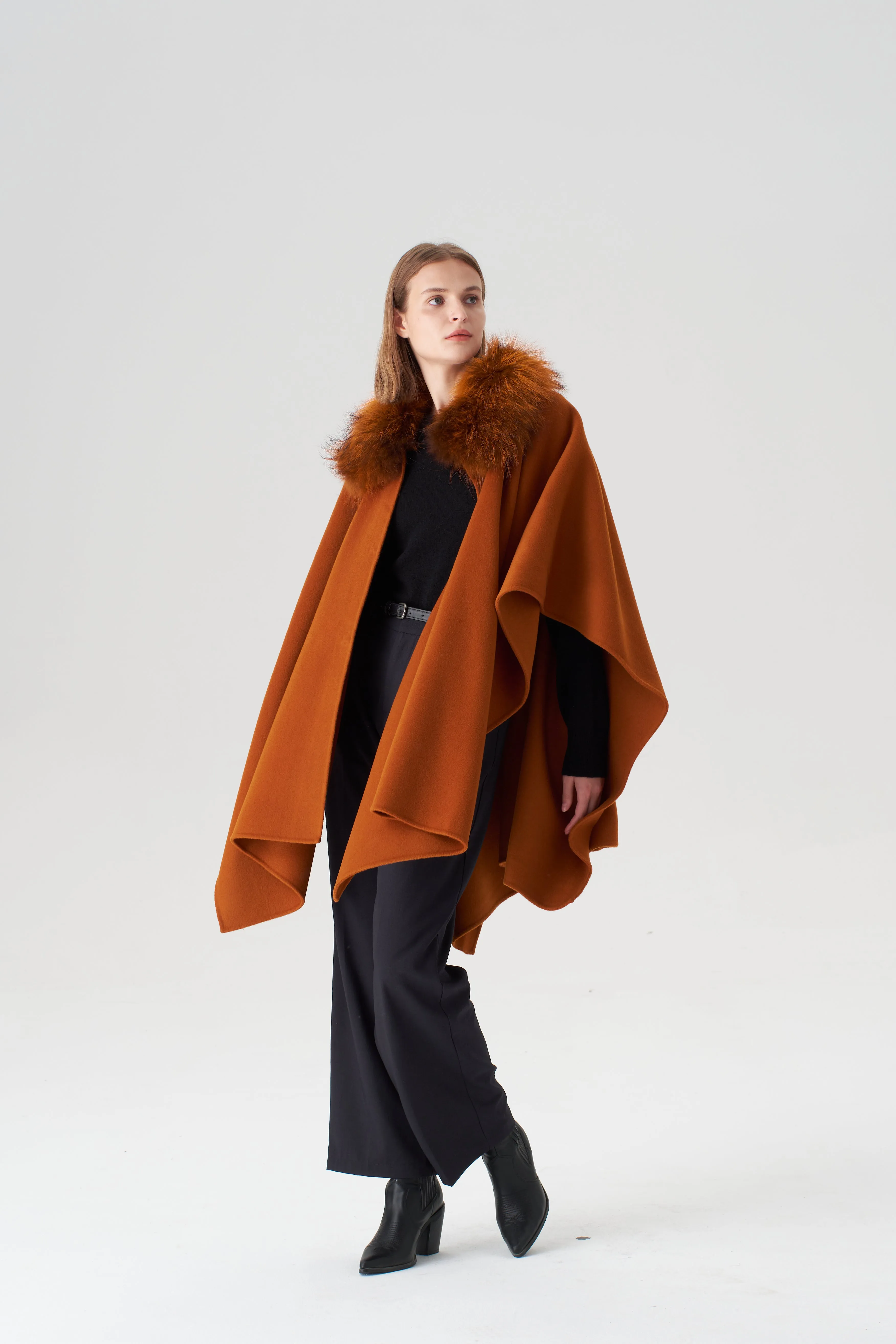 Cashmere Cape with Detachable Fur Collar