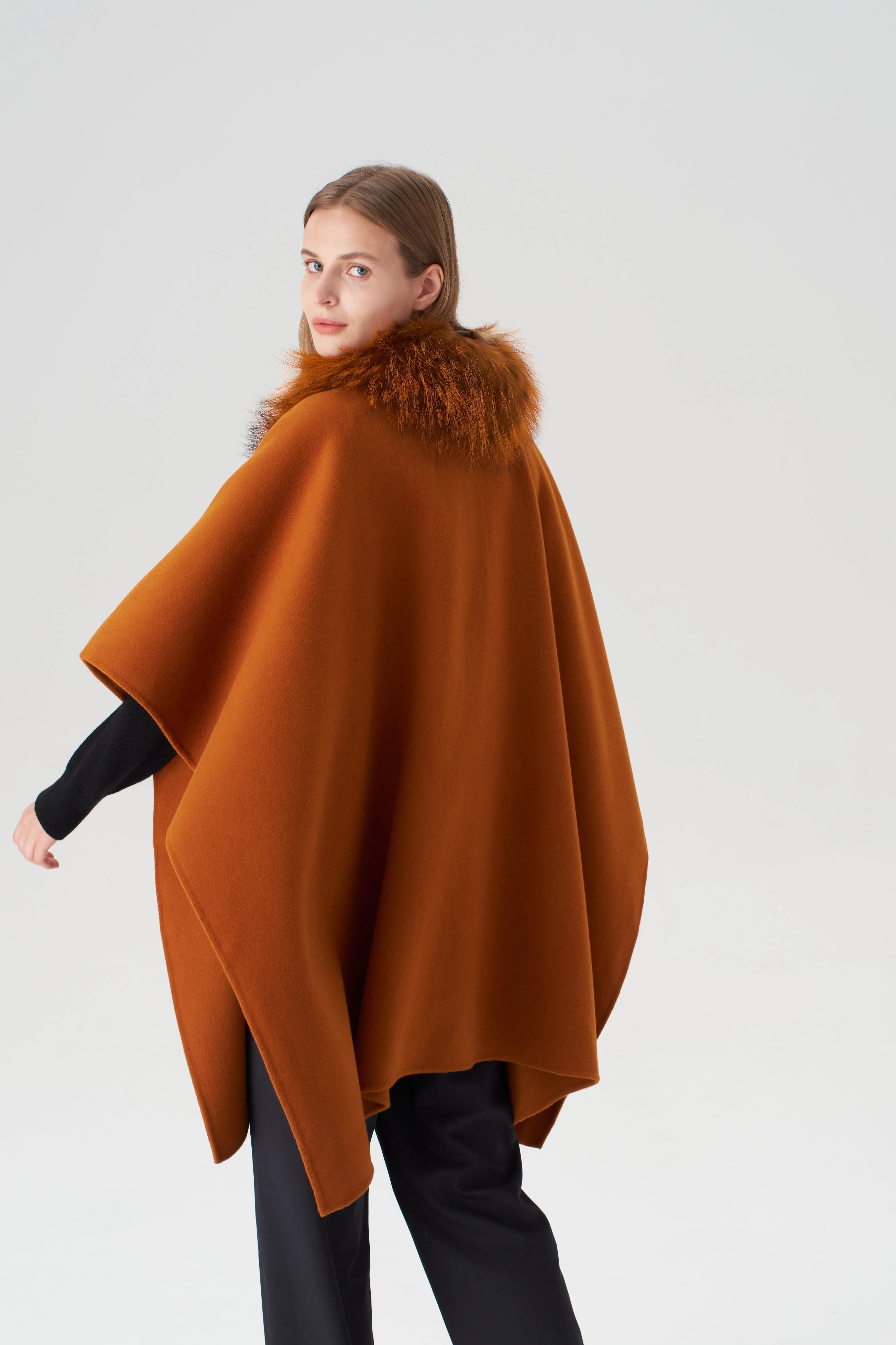 Cashmere Cape with Detachable Fur Collar