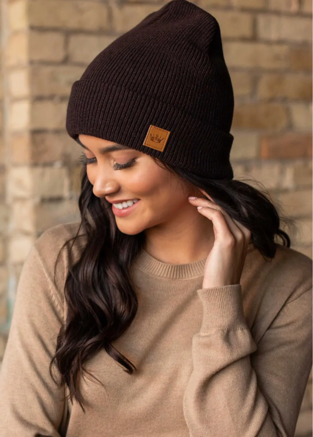 Dark Brown Cuffed Fleece Knit Beanie