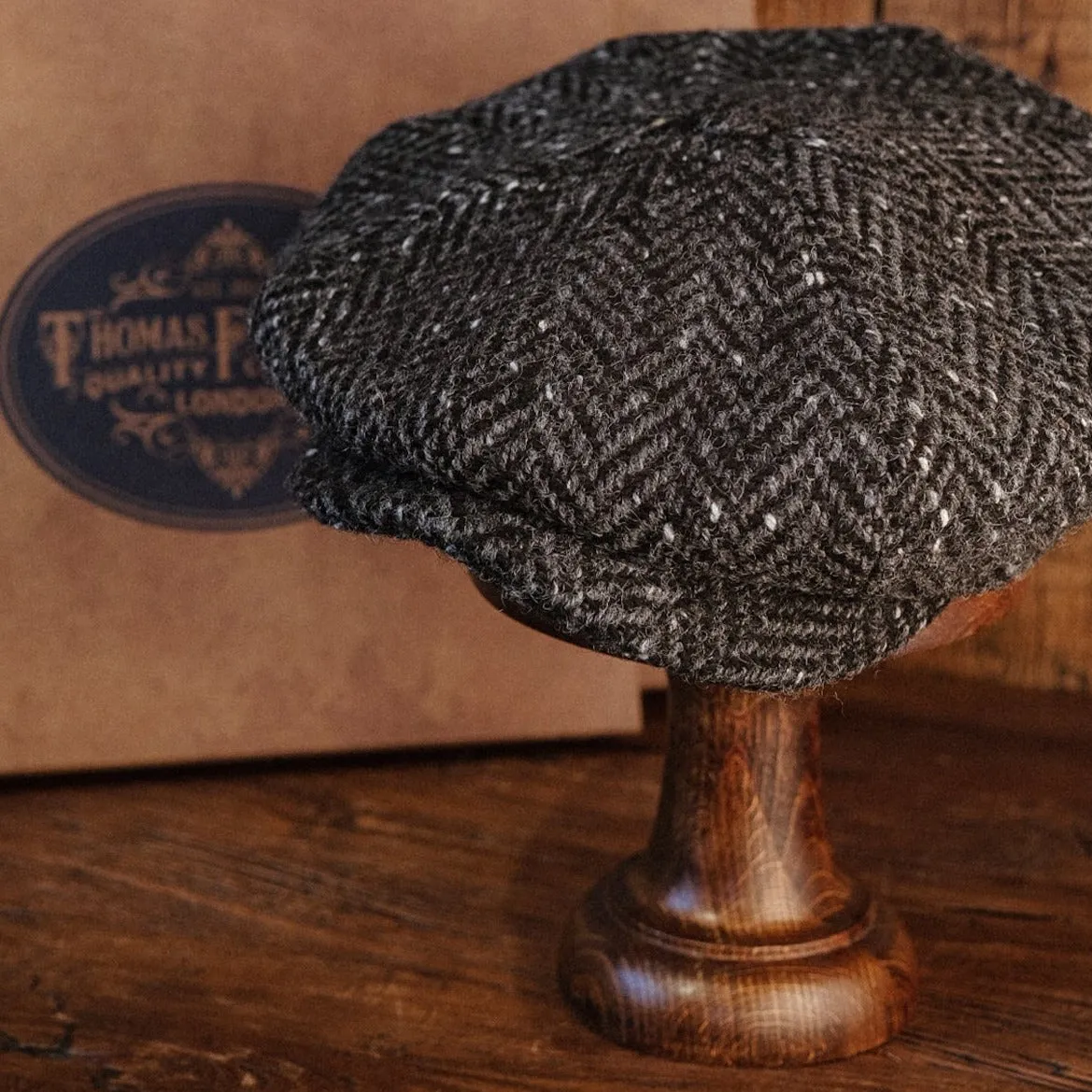 Eight Piece Donegal Tweed Black Herringbone Newsboy Cap