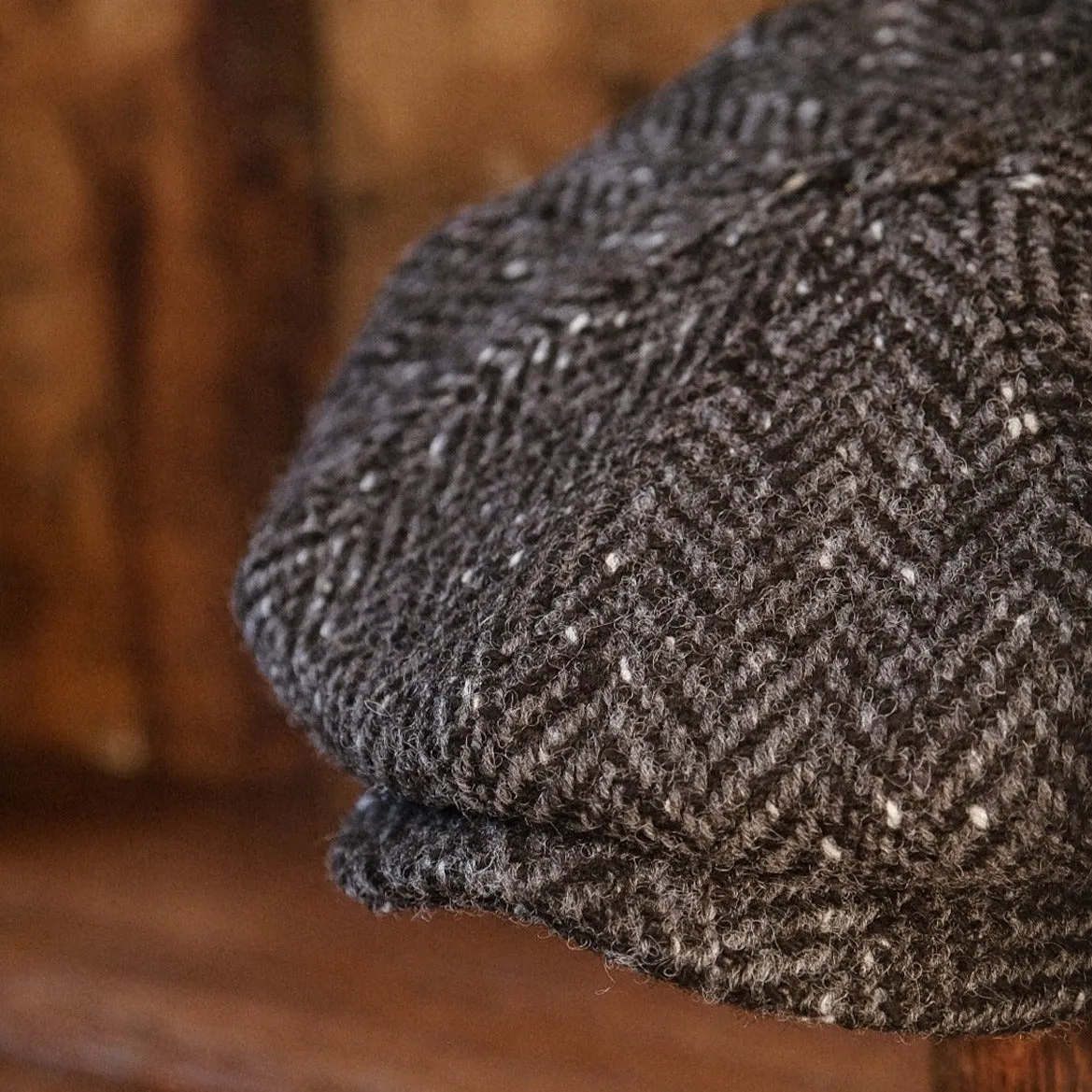 Eight Piece Donegal Tweed Black Herringbone Newsboy Cap