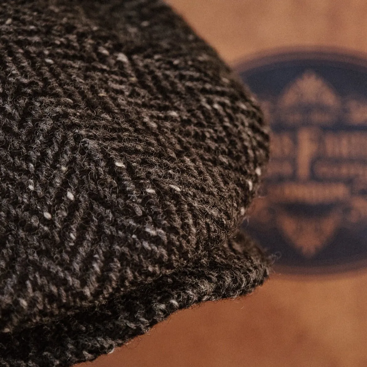 Eight Piece Donegal Tweed Black Herringbone Newsboy Cap