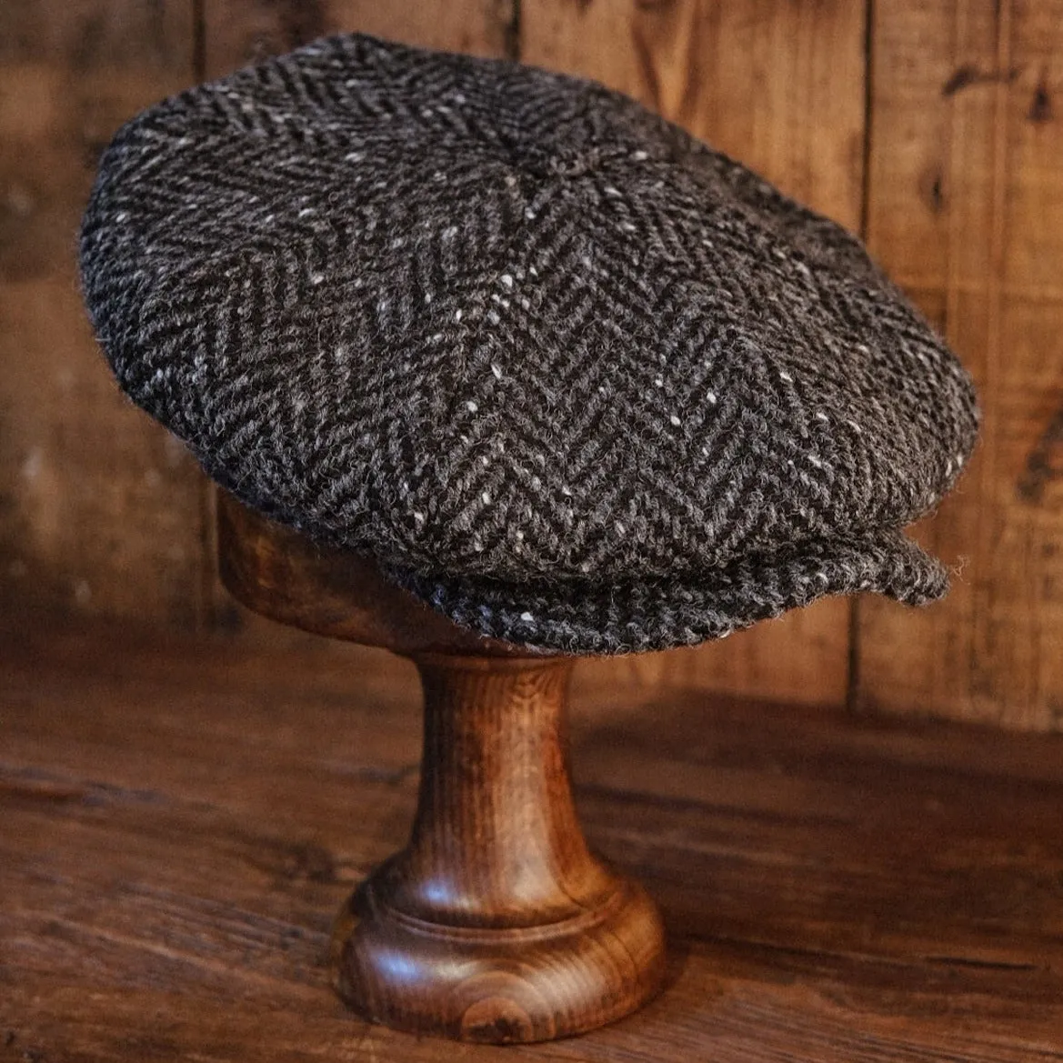 Eight Piece Donegal Tweed Black Herringbone Newsboy Cap
