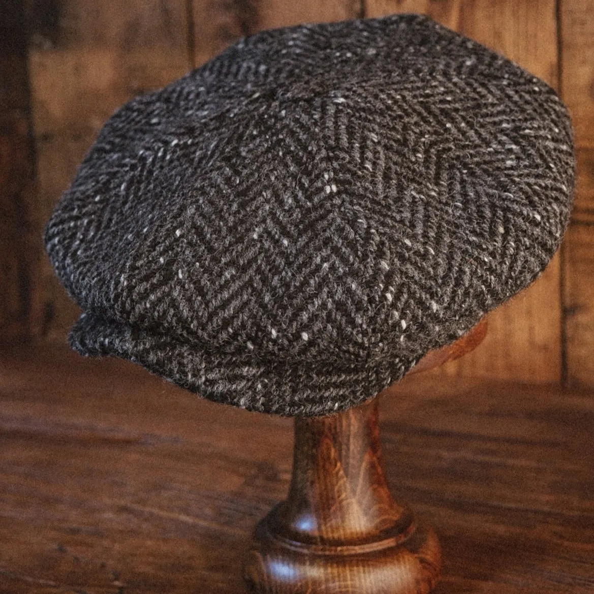 Eight Piece Donegal Tweed Black Herringbone Newsboy Cap