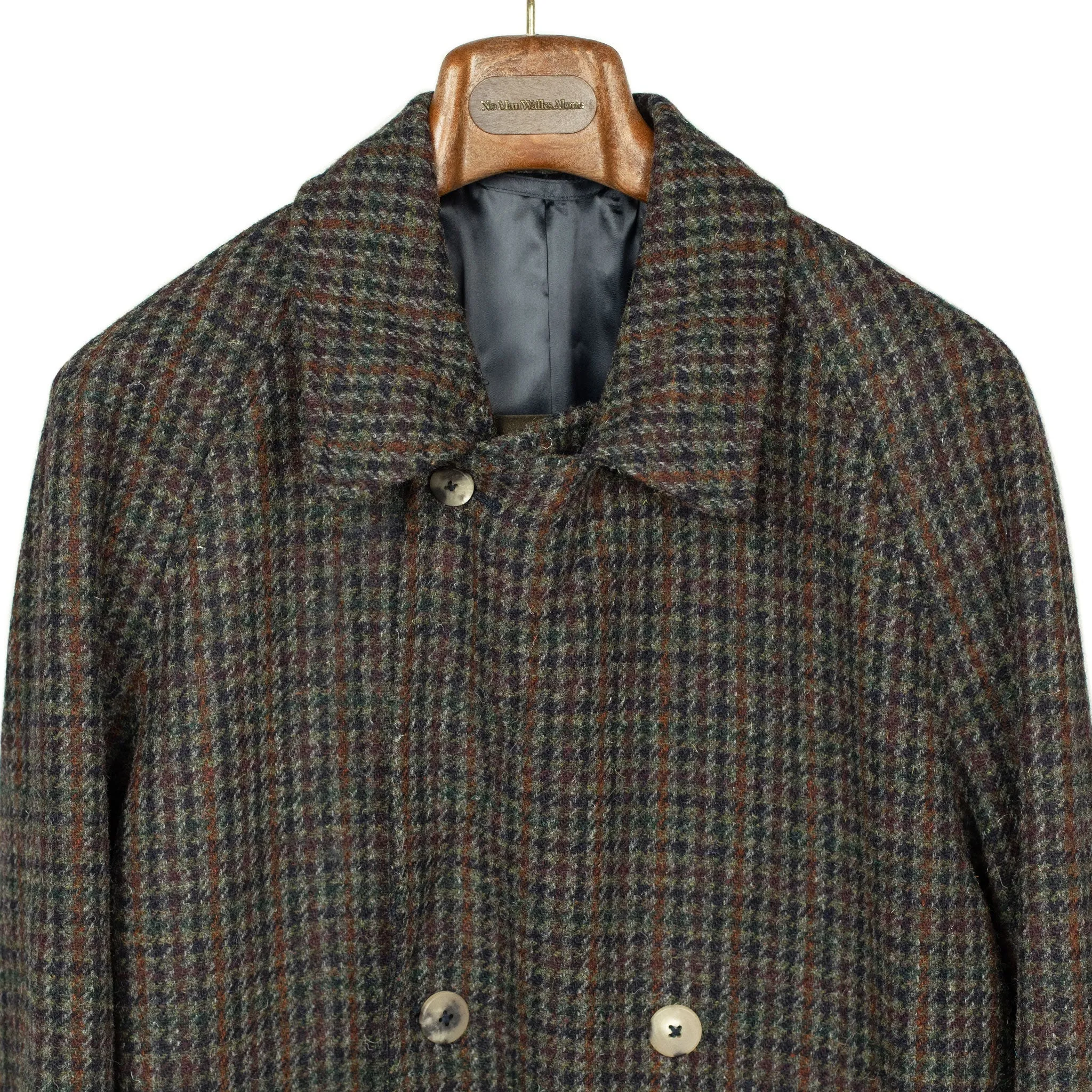 Exclusive Grandad Coat in grey, navy, and rust Harris Tweed wool guncheck