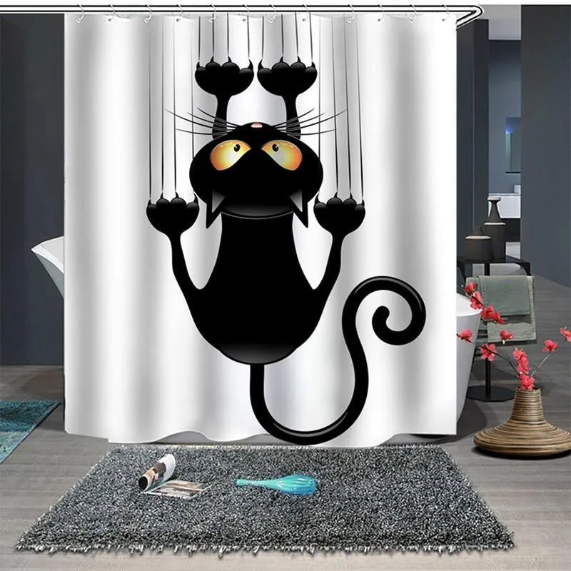Funny Black Cat Shower Curtain Waterproof Polyester Bathroom Curtain