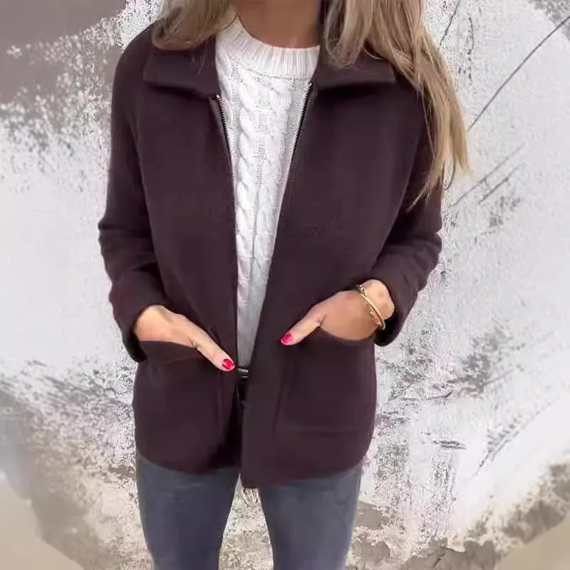 Giacca Donna con Zip e Tasche, Colletto a Revers, Autunno Inverno
