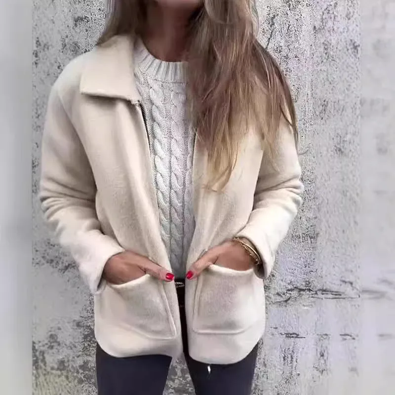 Giacca Donna con Zip e Tasche, Colletto a Revers, Autunno Inverno