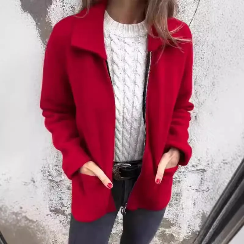 Giacca Donna con Zip e Tasche, Colletto a Revers, Autunno Inverno