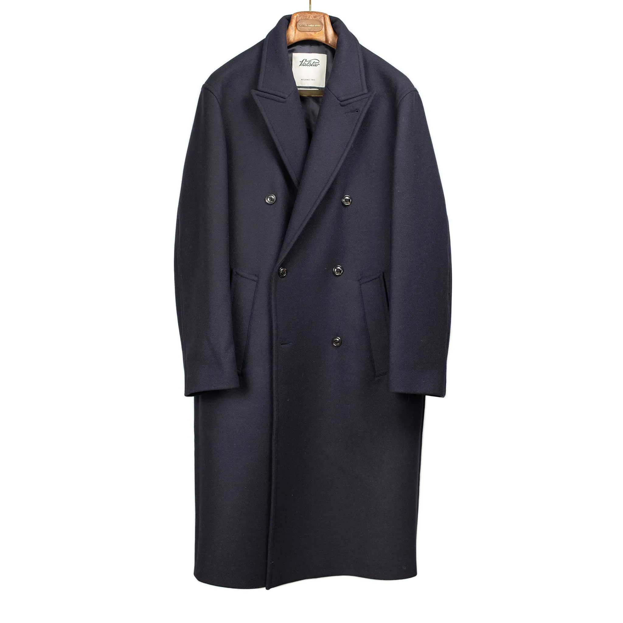 Giorgio double breasted overcoat in navy broken herringbone wool