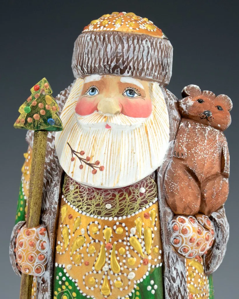 Green and Gold Russian Santa with Bear Cub