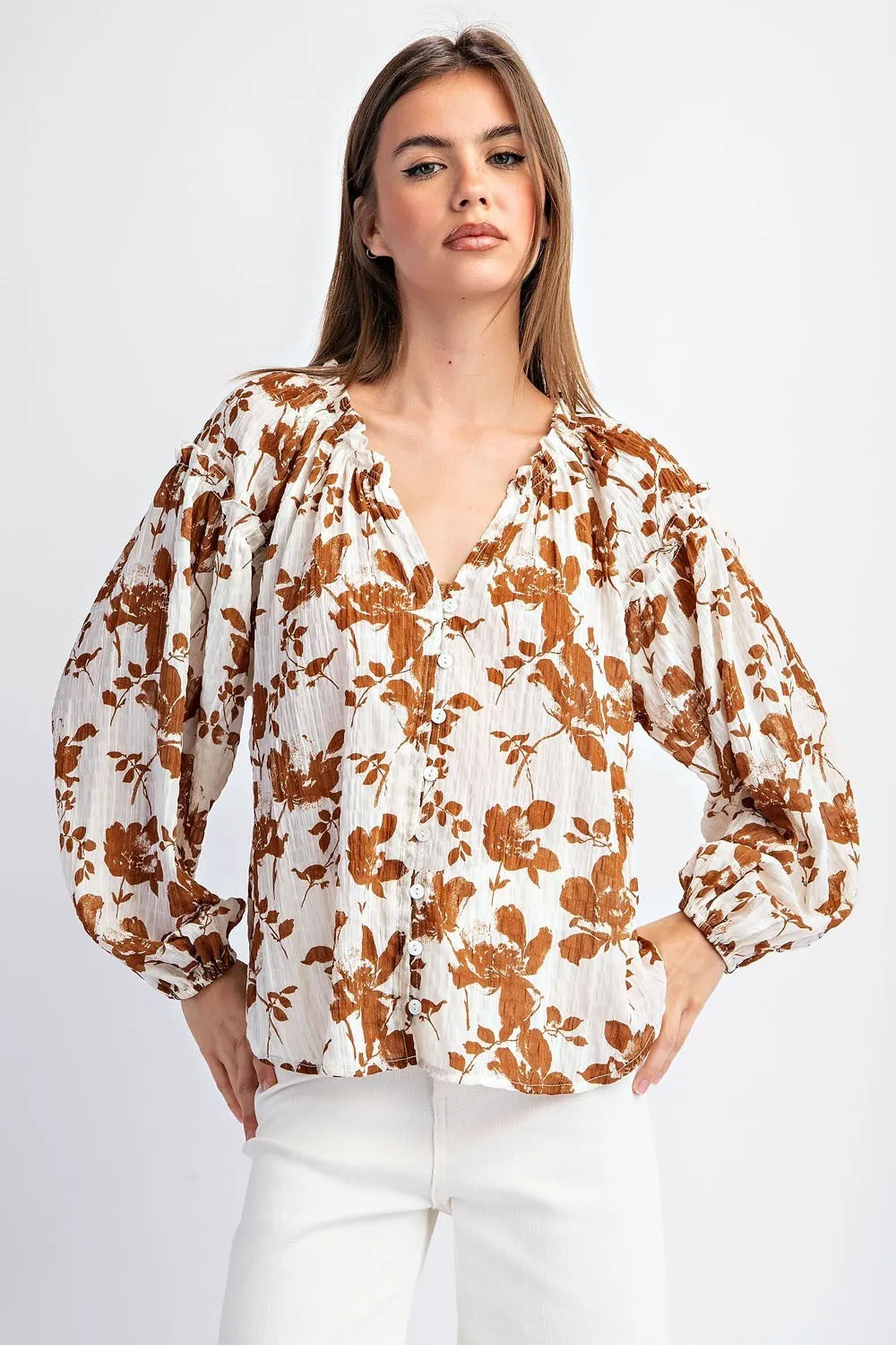 Ladies EESOME Floral Printed Crinkle Long Sleeve Blouse - TK11160