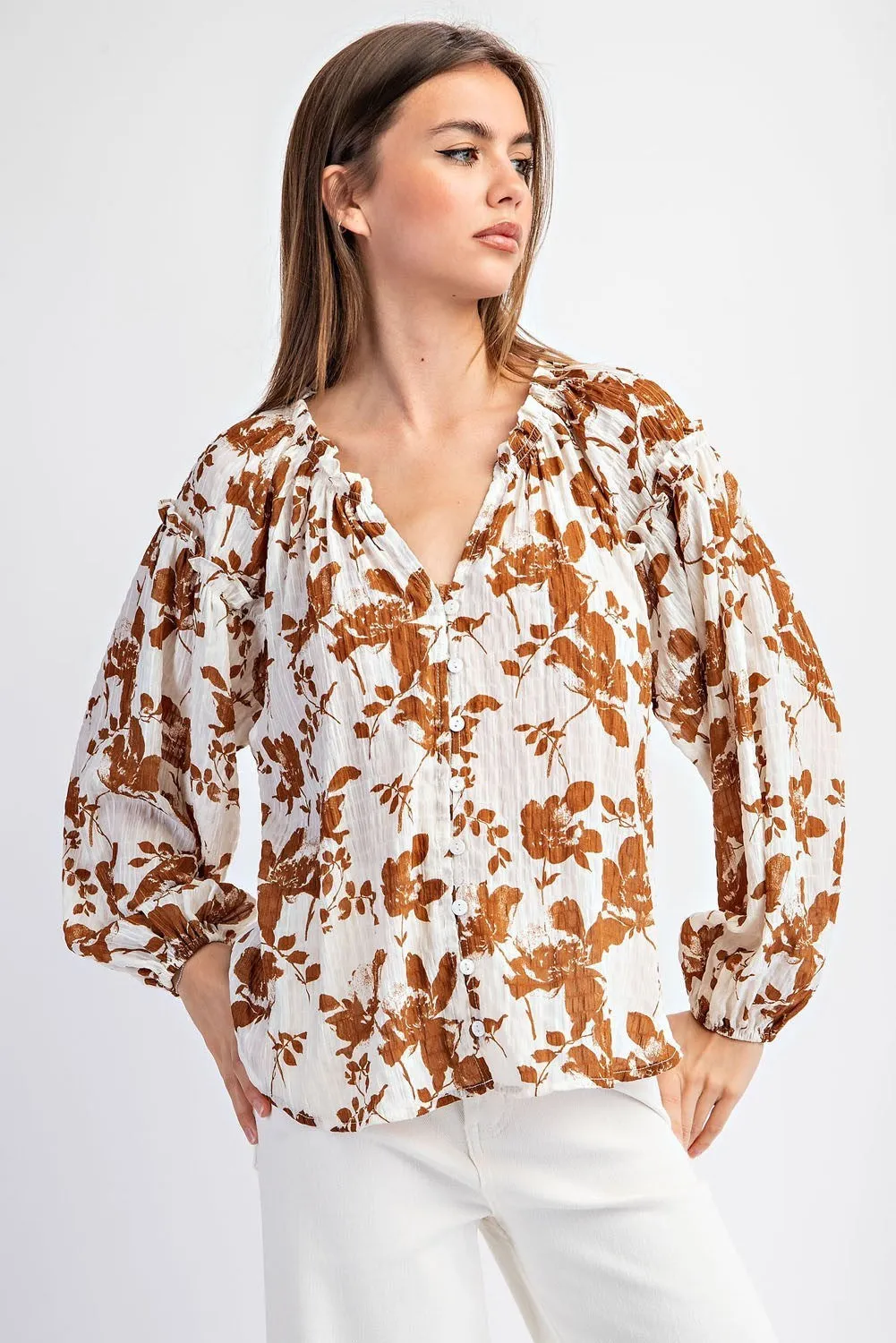 Ladies EESOME Floral Printed Crinkle Long Sleeve Blouse - TK11160