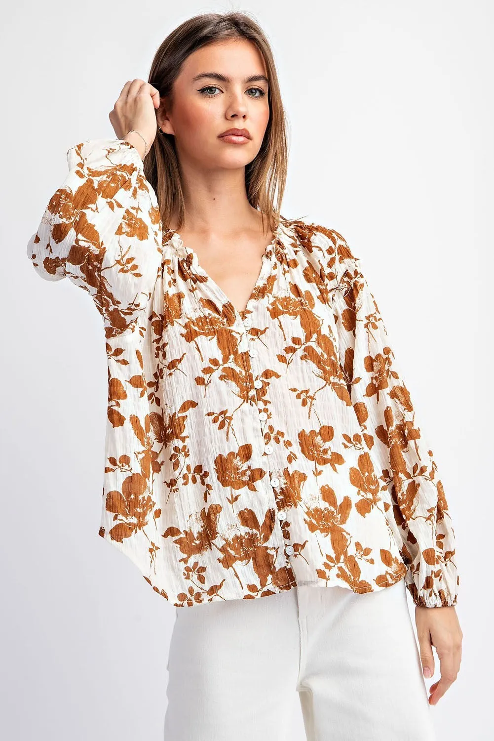 Ladies EESOME Floral Printed Crinkle Long Sleeve Blouse - TK11160
