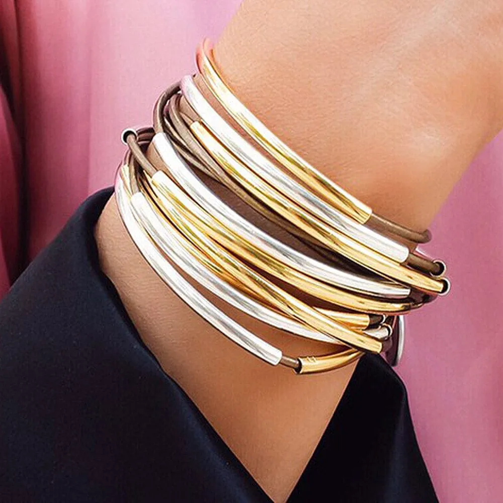 Lizzy Classic 4 Strand Brown Leather Wrap Bracelet in Gold & Silver