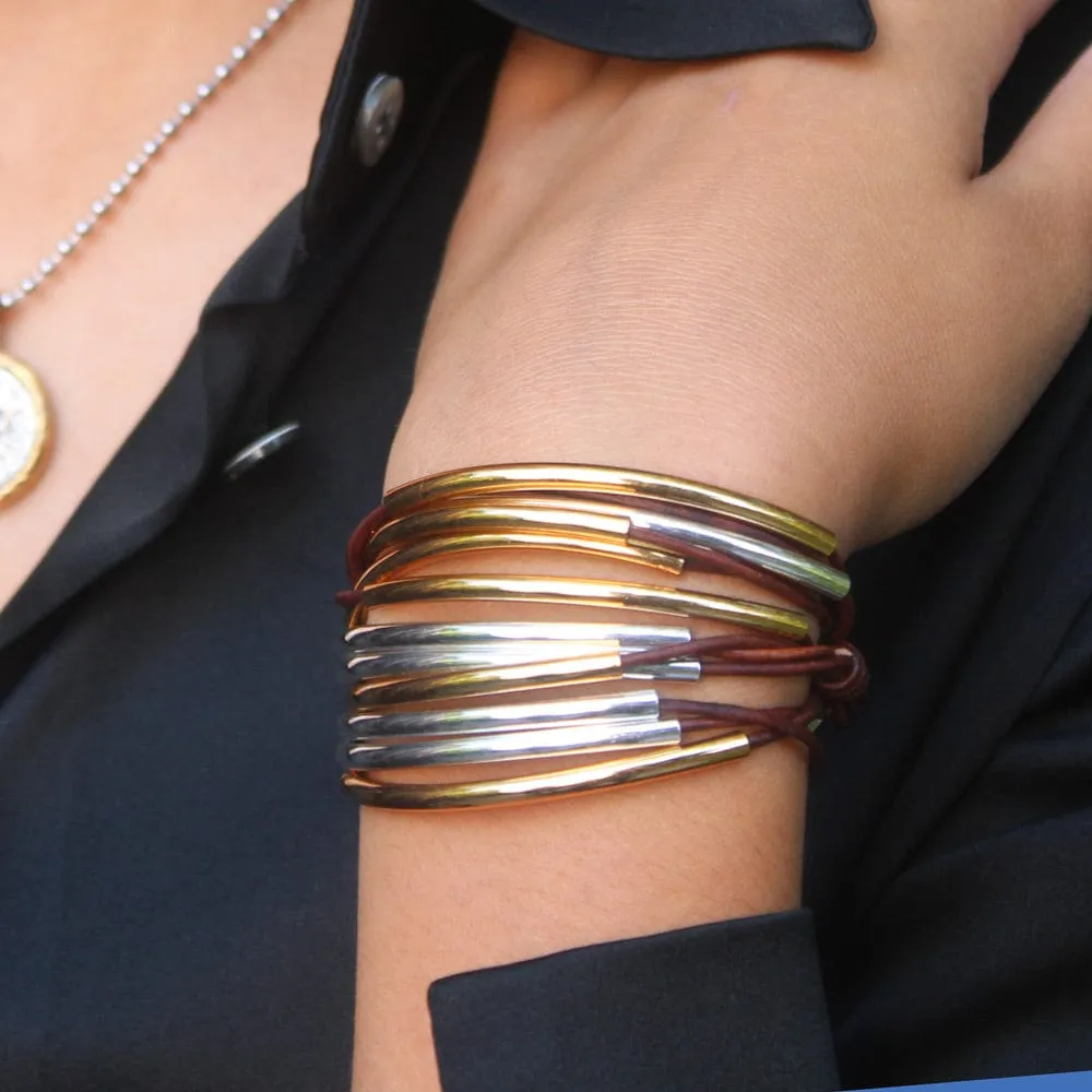 Lizzy Classic 4 Strand Brown Leather Wrap Bracelet in Gold & Silver