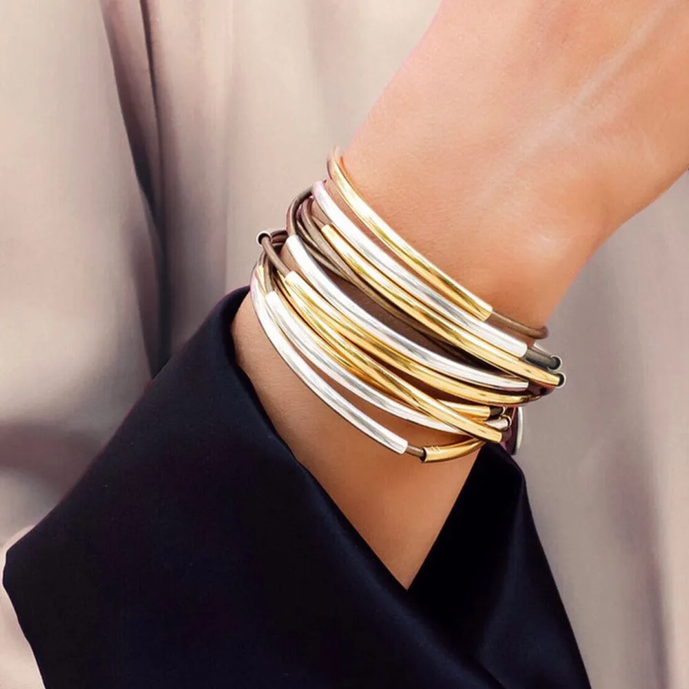 Lizzy Classic 4 Strand Brown Leather Wrap Bracelet in Gold & Silver