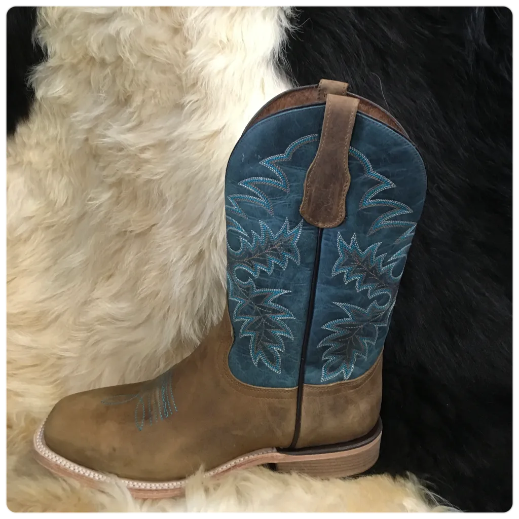 Mens Tan/Blue Wide Square Toe Boot
