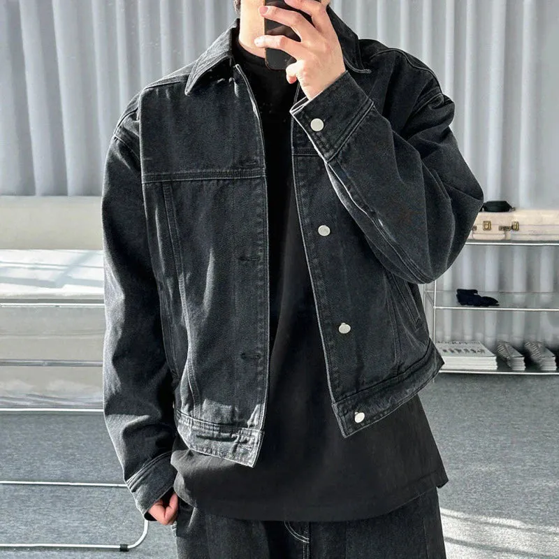 Niche Dsign Men's Denim Coats Washed Vintage Turn-down Collar Tops Casual Solid Color Single Breasted Male Jackets 9C6613