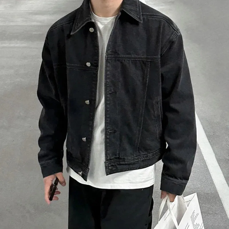 Niche Dsign Men's Denim Coats Washed Vintage Turn-down Collar Tops Casual Solid Color Single Breasted Male Jackets 9C6613