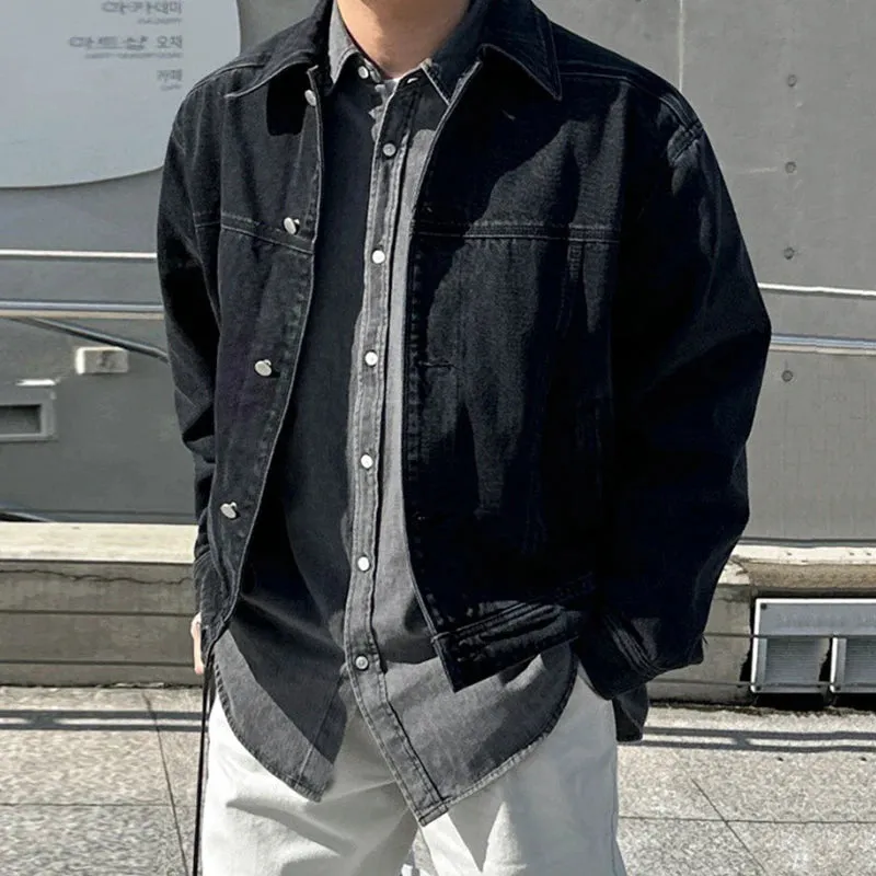 Niche Dsign Men's Denim Coats Washed Vintage Turn-down Collar Tops Casual Solid Color Single Breasted Male Jackets 9C6613