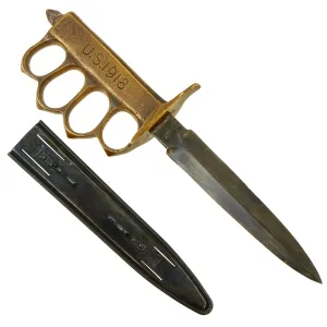 Original U.S. WWI & WWII Reissued Paratrooper Modified M1918 Mark I Trench Knife by AU LION with Steel Scabbard