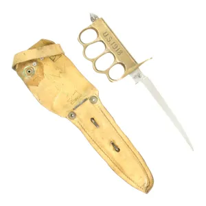 Original U.S. WWI Model 1918 Mark I Trench Knife by AU LION with Scabbard in Custom Leather Frog