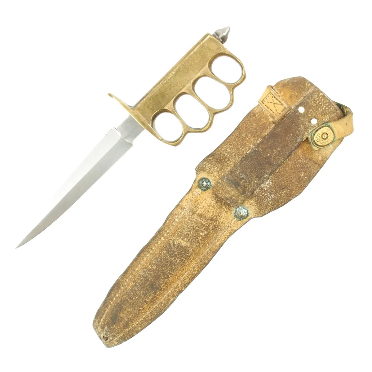 Original U.S. WWI Model 1918 Mark I Trench Knife by AU LION with Scabbard in Custom Leather Frog