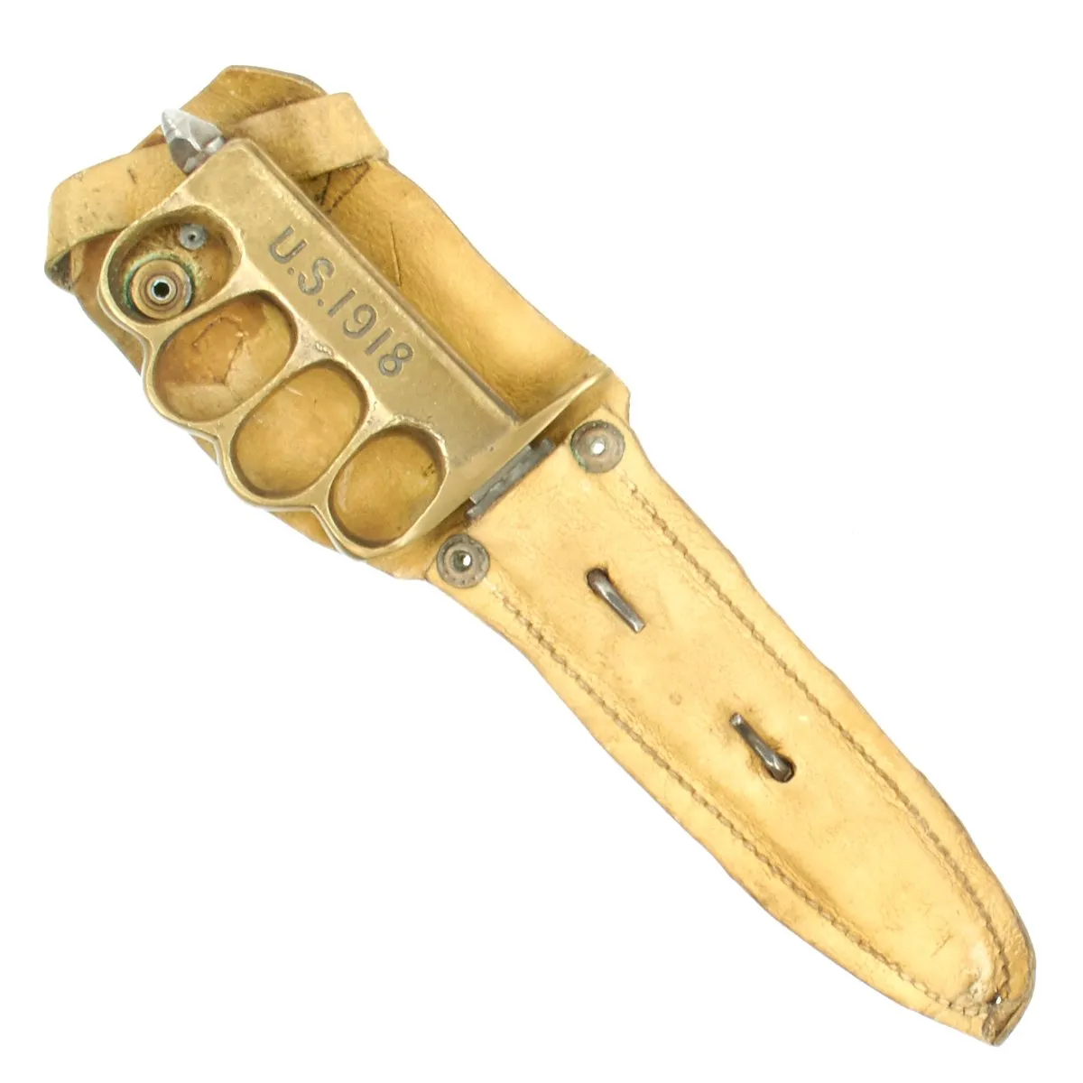 Original U.S. WWI Model 1918 Mark I Trench Knife by AU LION with Scabbard in Custom Leather Frog