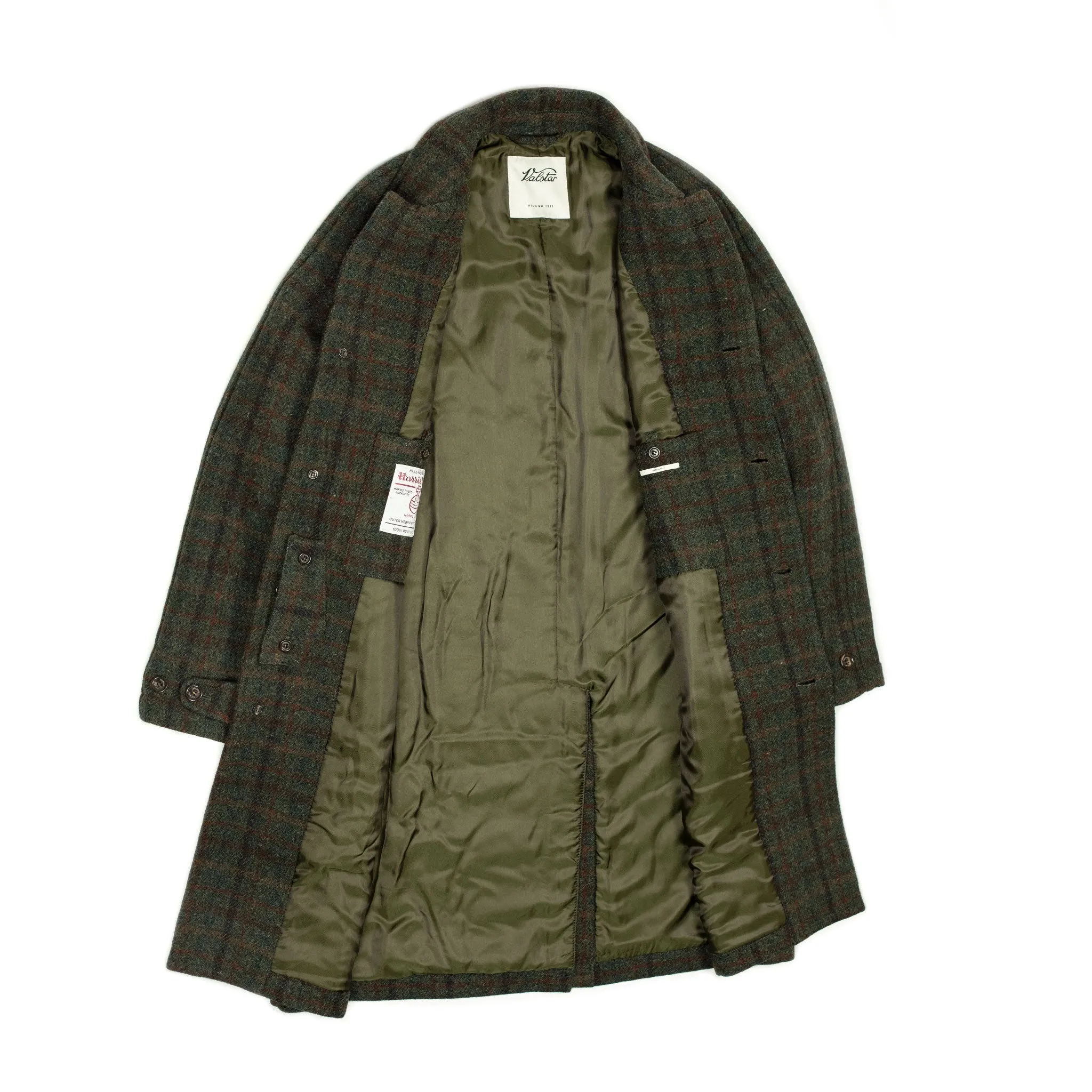 Raglan Milano overcoat in olive and rust Harris Tweed  wool plaid