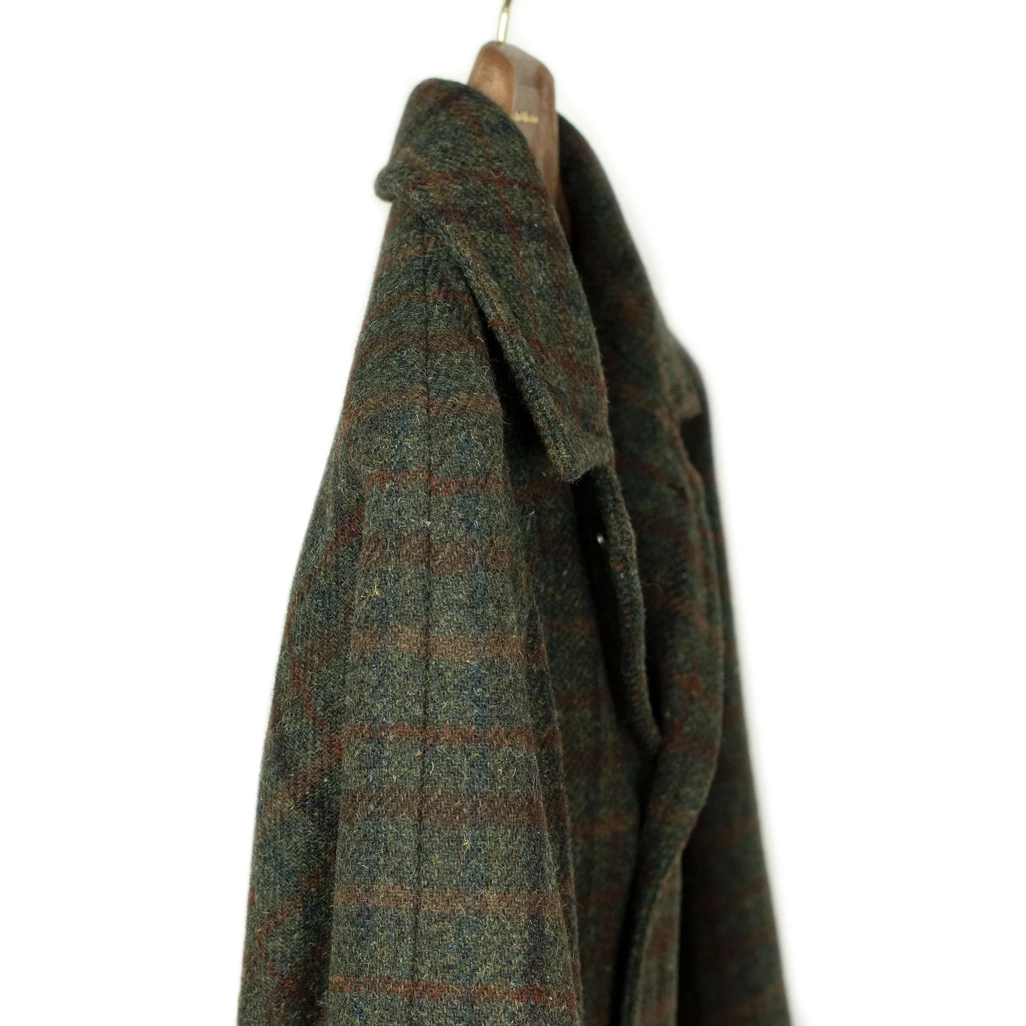 Raglan Milano overcoat in olive and rust Harris Tweed  wool plaid