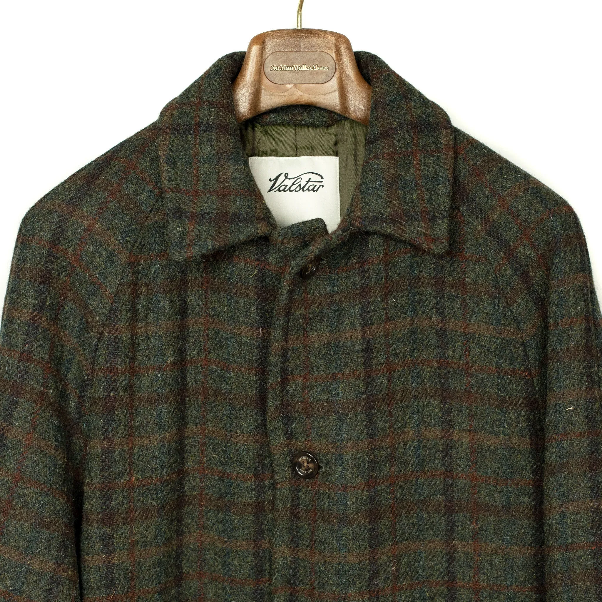 Raglan Milano overcoat in olive and rust Harris Tweed  wool plaid