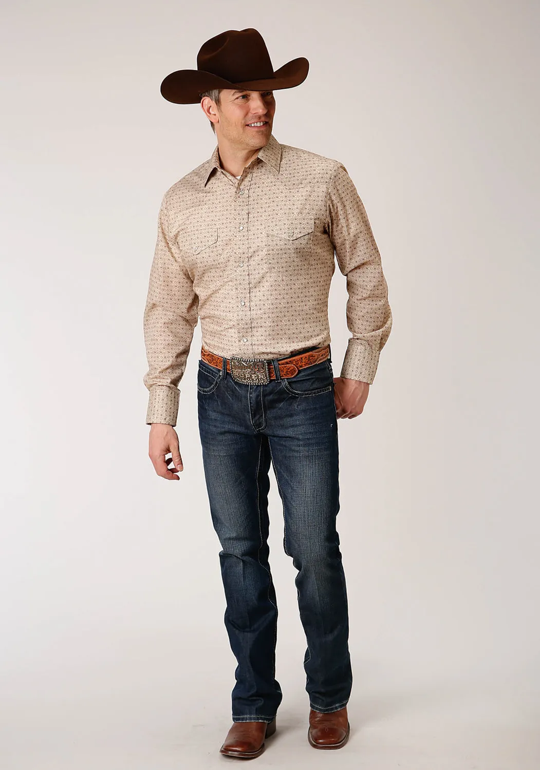 Roper Mens Beige/Rust Cotton Blend Vintage Floral L/S Shirt