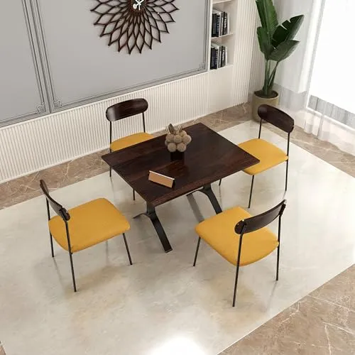 SIYARA DESIGN Elixir Solid Sheesham Wood Dining Table 4 Seater | Wooden Dining Set 4 Seater | Dining Table Set with 4 Iron Leg Chairs | Dining Room Sets (Walnut, Black Legs)