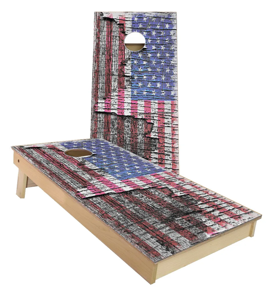US Flag on Wood Tree Bark Cornhole Boards