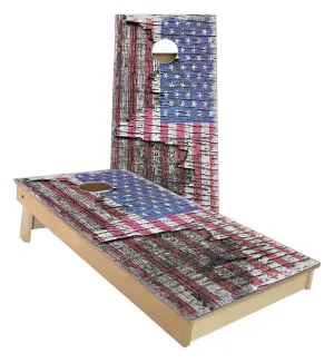 US Flag on Wood Tree Bark Cornhole Boards
