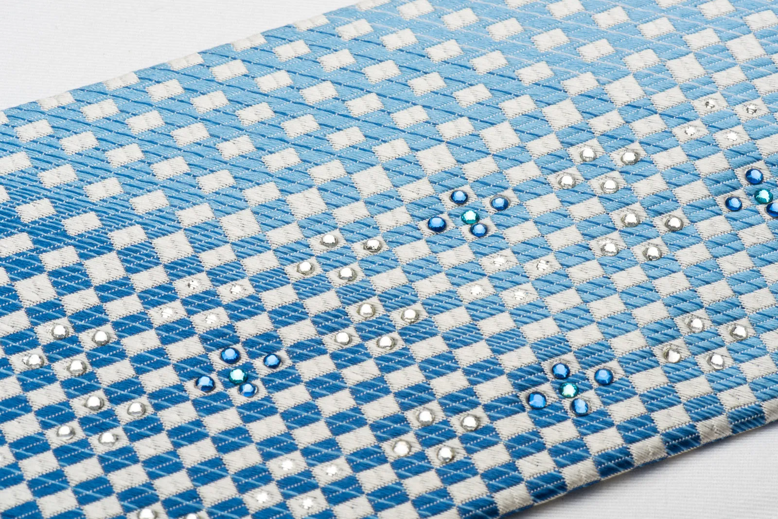 Vacci Silk Rhinestone Necktie Blue White Checker With Silver Sparkles