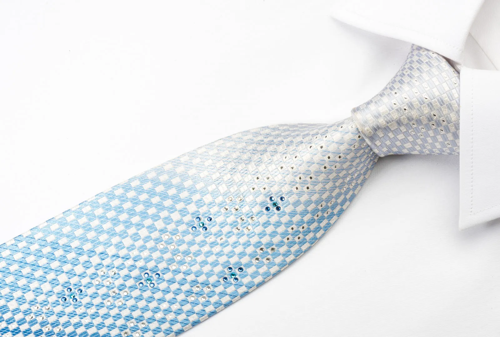 Vacci Silk Rhinestone Necktie Blue White Checker With Silver Sparkles