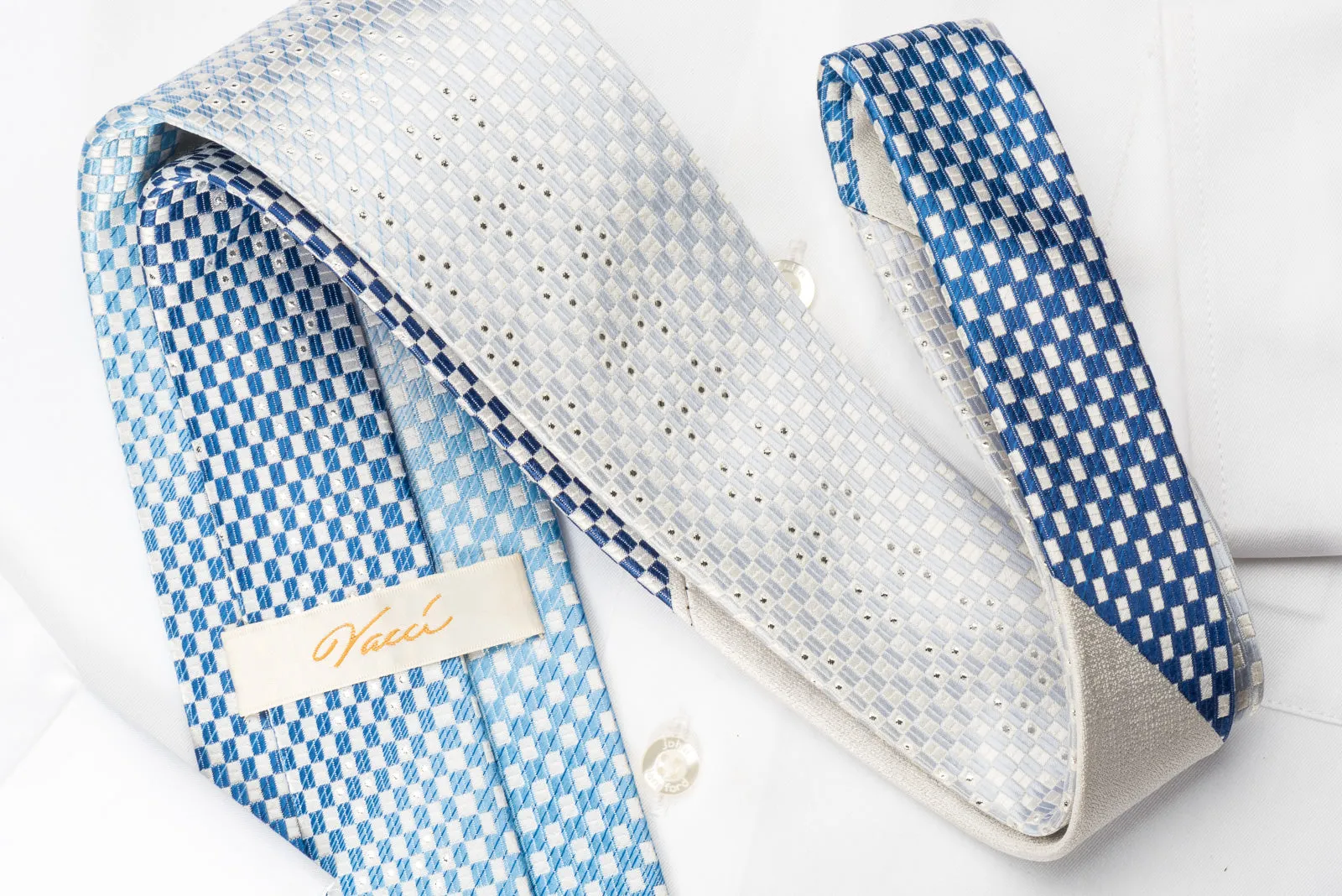 Vacci Silk Rhinestone Necktie Blue White Checker With Silver Sparkles