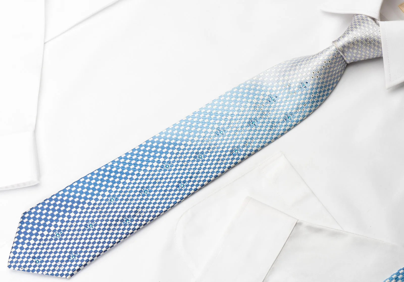 Vacci Silk Rhinestone Necktie Blue White Checker With Silver Sparkles