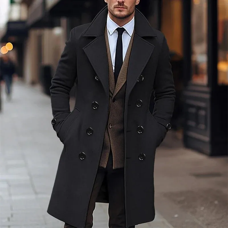 Wiaofellas  -  Vintage Double Breasted Woolen Overcoats Men Long Jackets Spring Fashion Solid Color Turn-down Collar Coats For Mens Streetwear